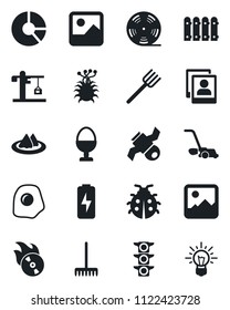 Set of vector isolated black icon - circle chart vector, farm fork, rake, lawn mower, lady bug, virus, satellite, traffic light, reel, flame disk, gallery, photo, charge, fence, crane, serviette