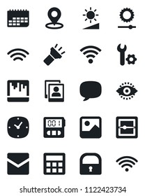 Set of vector isolated black icon - term vector, message, gallery, calculator, clock, stopwatch, mail, scanner, wireless, torch, brightness, place tag, lock, eye id, photo, root setup