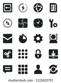 Set of vector isolated black icon - menu vector, message, settings, user, clock, stopwatch, mail, scanner, sim, network, download, cut, compass, lock, face id, charge, application, root setup