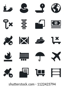 Set of vector isolated black icon - earth vector, plane, satellite, cash, traffic light, support, sea shipping, truck trailer, container, folder document, cargo, umbrella, no trolley, hook, rack