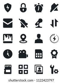Set of vector isolated black icon - microphone vector, protect, user, clock, alarm, mail, scanner, sd, sim, data exchange, mute, place tag, lock, video, photo gallery, charge, application