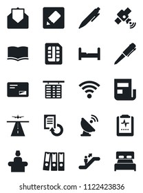 Set of vector isolated black icon - runway vector, escalator, reception, flight table, book, pen, document reload, pulse clipboard, satellite antenna, mail, sim, notes, wireless, news, paper binder