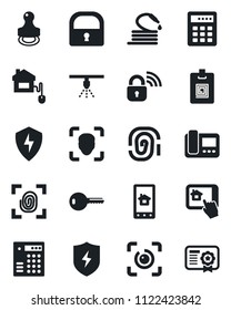 Set of vector isolated black icon - hose vector, protect, lock, face id, eye, identity card, stamp, key, home control, fingerprint, wireless, intercome, app, combination, sprinkler, certificate