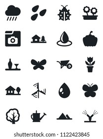 Set of vector isolated black icon - flower in pot vector, tree, watering can, wheelbarrow, butterfly, lady bug, water drop, rain, pumpkin, seeds, photo gallery, house with, windmill, mountains