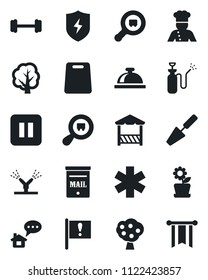 Set of vector isolated black icon - reception bell vector, trowel, tree, garden sprayer, ambulance star, barbell, important flag, search cargo, pause button, protect, mailbox, fruit, flower in pot