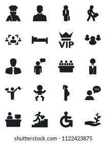 Set of vector isolated black icon - dispatcher vector, vip, baby, bed, speaking man, meeting, manager place, disabled, pregnancy, client, speaker, group, user, hr, career ladder, waiter, cook