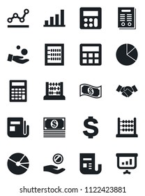 Set of vector isolated black icon - handshake vector, dollar sign, abacus, news, calculator, bar graph, pie, point, contract, investment, cash, presentation