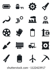 Set of vector isolated black icon - fork loader vector, gear, factory, trowel, glove, saw, sickle, truck trailer, sea port, oil barrel, reel, battery, low, crane, sun panel, windmill, hard work