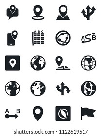 Set of vector isolated black icon - seat map vector, route, navigation, earth, pin, mobile tracking, network, place tag, compass, flag