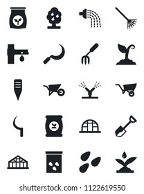 Set of vector isolated black icon - garden fork vector, shovel, rake, wheelbarrow, watering, sproute, sickle, plant label, greenhouse, seeds, fertilizer, drip irrigation, fruit tree