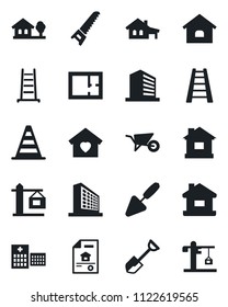 Set of vector isolated black icon - border cone vector, office building, trowel, shovel, ladder, wheelbarrow, saw, house, hospital, with garage, tree, plan, estate document, sweet home, crane