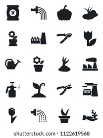 Set of vector isolated black icon - factory vector, flower in pot, seedling, watering can, sproute, pruner, pumpkin, pond, garden sprayer, fertilizer, tulip, palm