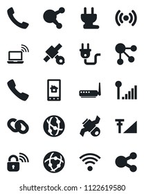 Set of vector isolated black icon - wireless notebook vector, satellite, network, share, chain, call, cellular signal, power plug, lock, router, home control app, social media