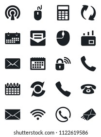 Set of vector isolated black icon - mail vector, mouse, calendar, call, update, calculator, wireless, phone, lock