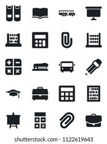 Set of vector isolated black icon - airport bus vector, book, calculator, graduate, abacus, presentation board, case, paper clip, pencil, stapler