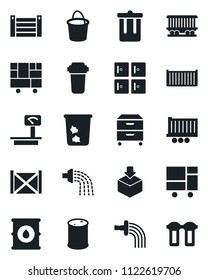 Set of vector isolated black icon - trash bin vector, checkroom, bucket, watering, railroad, truck trailer, cargo container, consolidated, package, oil barrel, heavy scales, archive box