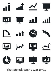 Set of vector isolated black icon - growth statistic vector, presentation board, crisis graph, monitor, circle chart, statistics, bar, pie, point, arrow up