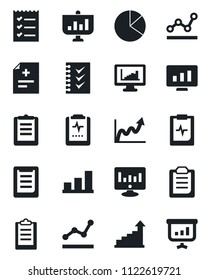 Set of vector isolated black icon - growth statistic vector, monitor, diagnosis, pulse clipboard, statistics, bar graph, pie, checklist, point, presentation