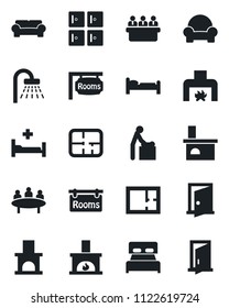 Set of vector isolated black icon - baby room vector, bed, shower, checkroom, meeting, fireplace, hospital, plan, rooms, bedroom, cushioned furniture, door