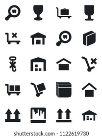 Set of vector isolated black icon - baggage trolley vector, fragile, cargo, warehouse storage, up side sign, no, hook, search, scanner, blank box