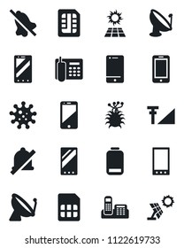 Set of vector isolated black icon - satellite antenna vector, mobile phone, virus, cell, low battery, sim, mute, cellular signal, office, sun panel