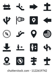 Set of vector isolated black icon - elevator vector, escalator, signpost, right arrow, left, wind, radar, route, pin, download, place tag, compass, guidepost
