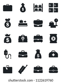 Set of vector isolated black icon - suitcase vector, baggage conveyor, luggage storage, scales, checkroom, case, money bag, fertilizer, doctor, dropper