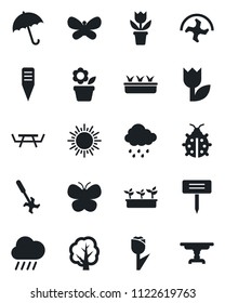 Set of vector isolated black icon - umbrella vector, sun, flower in pot, ripper, tree, butterfly, lady bug, seedling, rain, plant label, picnic table, tulip