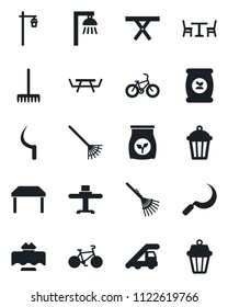 Set of vector isolated black icon - cafe vector, ladder car, rake, sickle, garden light, picnic table, fertilizer, bike, restaurant, outdoor lamp