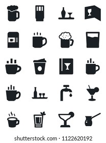Set of vector isolated black icon - hot cup vector, coffee machine, water supply, alcohol, wine card, drink, cocktail, phyto bar, beer, turkish