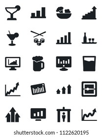 Set of vector isolated black icon - security gate vector, growth statistic, monitor, barcode, scanner, statistics, bar graph, alcohol, drink, cocktail, beer, salad, sushi, arrow up