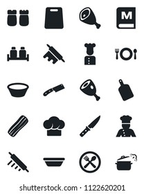 Set of vector isolated black icon - cook vector, cafe, hat, menu, bacon, salt and pepper, ham, bowl, rolling pin, cutting board, knife, steaming pan