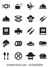 Set of vector isolated black icon - spoon and fork vector, dish, restaurant table, serviette, cafe, menu, plates, waiter, dress code, steak, kebab, steaming pan, sushi