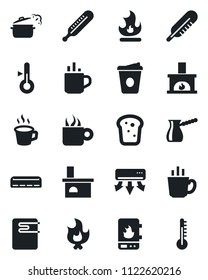 Set of vector isolated black icon - hot cup vector, coffee, fire, fireplace, thermometer, air conditioner, bread, steaming pan, turkish, water heater