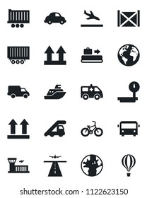 Set of vector isolated black icon - runway vector, arrival, baggage conveyor, airport bus, ladder car, building, ambulance, bike, earth, sea shipping, truck trailer, delivery, container, air balloon