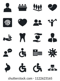 Set of vector isolated black icon - dispatcher vector, disabled, team, meeting, heart hand, stomach, tooth, hospital, virus, client, speaker, group, user, fingerprint id, palm sproute, hierarchy