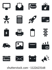 Set of vector isolated black icon - bomb in case vector, baby, mail, traffic light, monitor, battery, gallery, printer, rooms, rocket, calculator, car, advertising
