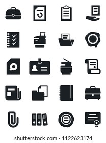 Set of vector isolated black icon - identity vector, notepad, document, reload, stamp, contract, folder, news, clipboard, case, paper clip, search, checklist, binder, copier, certificate