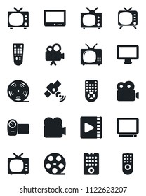 Set of vector isolated black icon - tv vector, reel, satellite, video camera, remote control, monitor