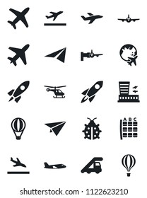 Set of vector isolated black icon - plane vector, departure, arrival, ladder car, boarding, helicopter, seat map, globe, airport building, lady bug, rocket, paper, air balloon