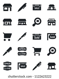 Set of vector isolated black icon - shop vector, pen, store, search cargo, sale, sold signboard, cafe building, open close, cart, storefront
