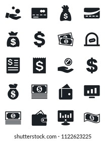Set of vector isolated black icon - credit card vector, ticket office, dollar sign, money bag, statistic monitor, cash, receipt, wallet, investment