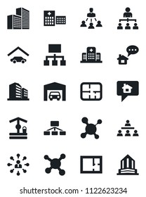 Set of vector isolated black icon - hierarchy vector, well, molecule, hospital, office building, garage, plan, home message