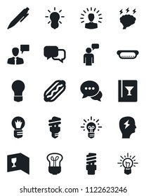 Set of vector isolated black icon - speaking man vector, pen, brainstorm, bulb, dialog, wine card, hot dog, energy saving, shining head, idea