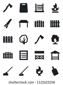 Set of vector isolated black icon - fence vector, tree, saw, fire, hoe, axe, abacus, table, alcove, cutting board