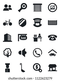 Set of vector isolated black icon - no laptop vector, office building, tree, heart diagnostic, bike, cargo container, shield, speaker, group, manager desk, garage, sold signboard, children room