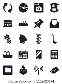 Set Of Vector Isolated Black Icon - Antenna Vector, Calendar, Traffic Light, Package, Paper Pin, Mail, Mobile, Update, Bell, Folder, Photo Gallery, Pie Graph, Pool, Children Room, Bread, Ladle, Gear