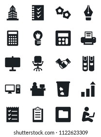 Set of vector isolated black icon - trash bin vector, handshake, gear, growth statistic, office chair, manager place, bulb, calculator, folder, clipboard, presentation board, building, ink pen, book