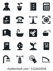 Set of vector isolated black icon - antenna vector, seedling, sproute, diagnosis, 24 hours, touch screen, cut, checklist, fruit tree, bathroom, cook, wine card, vip zone, restaurant receipt, crisis
