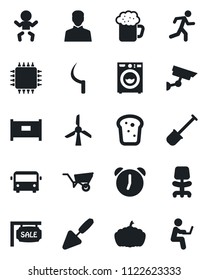 Set of vector isolated black icon - fence vector, airport bus, baby, office chair, trowel, shovel, wheelbarrow, sickle, pumpkin, run, user, alarm, sale, washer, beer, bread, chip, windmill